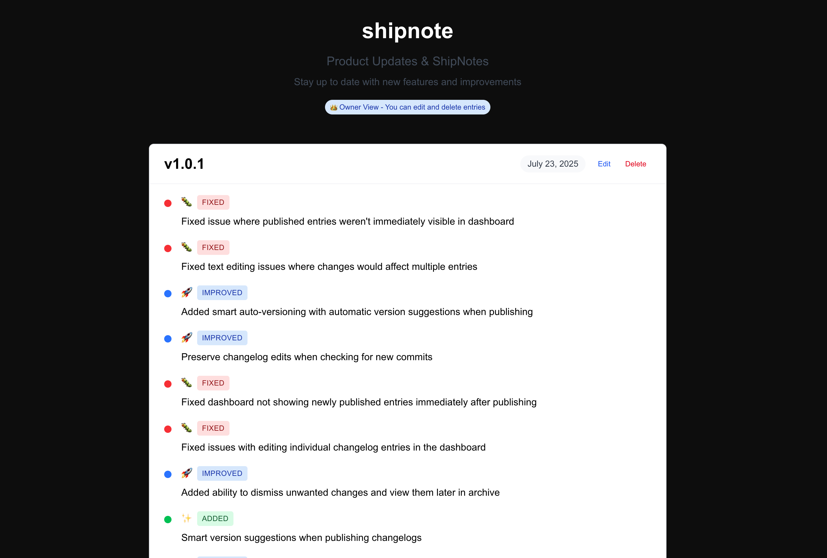 ShipNote public changelog page showing AI-generated release notes